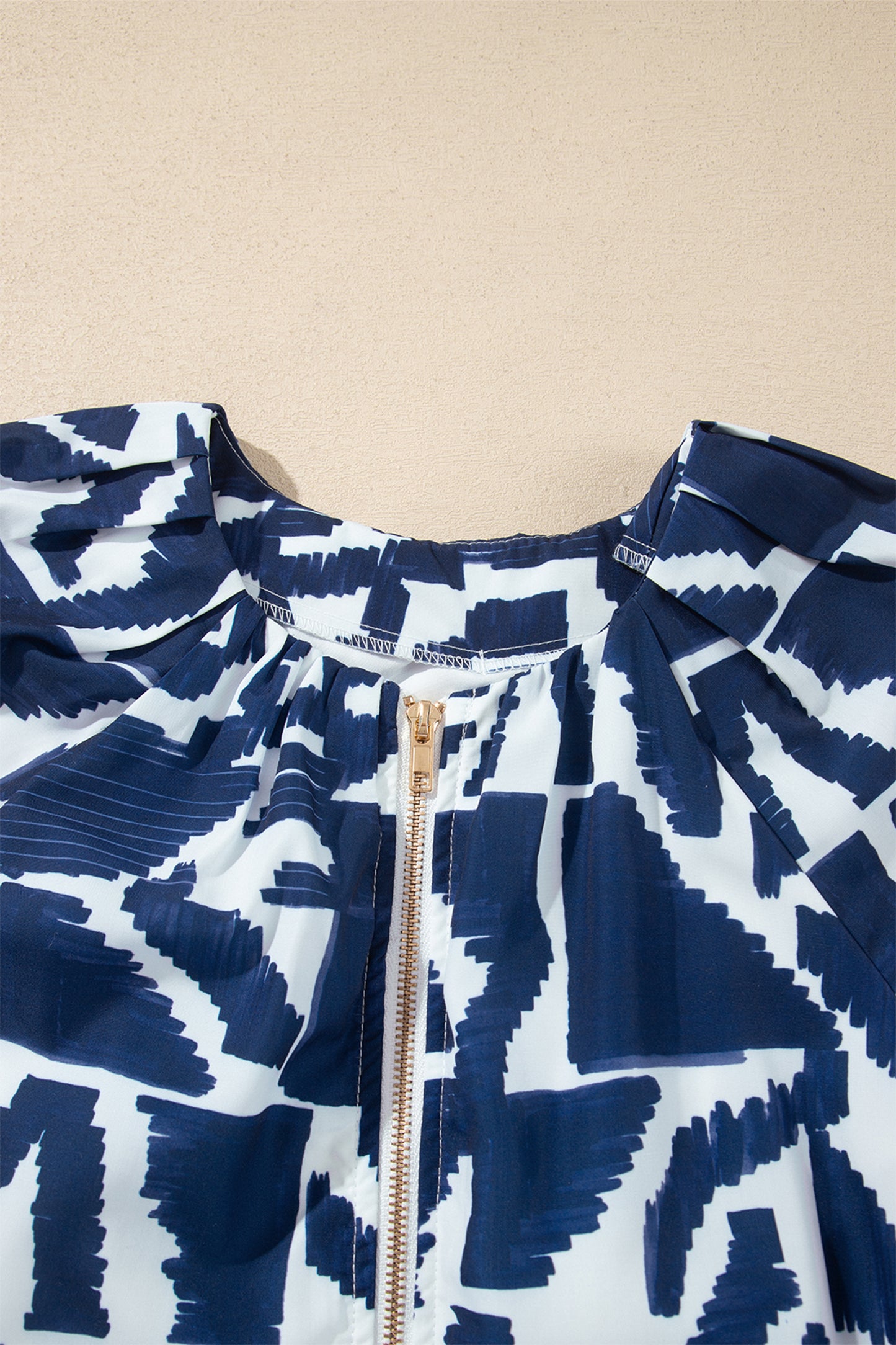 Blue Abstract Geometric Print Zip Front Tie Waist Shift Dress