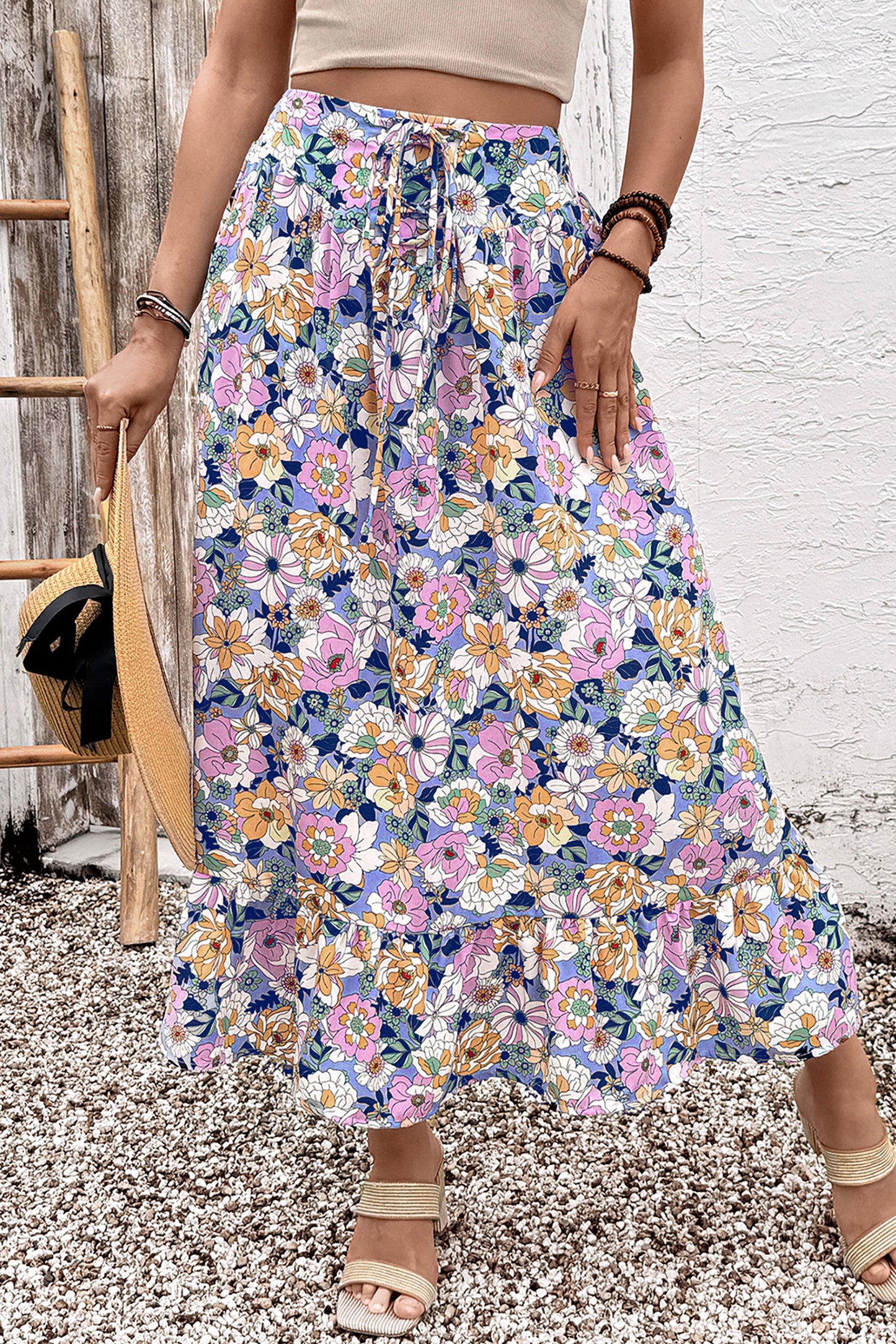 Pink Floral Print Lace-up High Waist Ruffle Hem Maxi Skirt