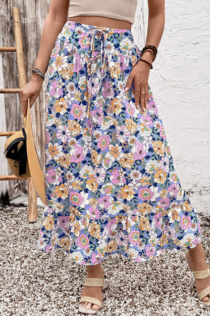 Pink Floral Print Lace-up High Waist Ruffle Hem Maxi Skirt