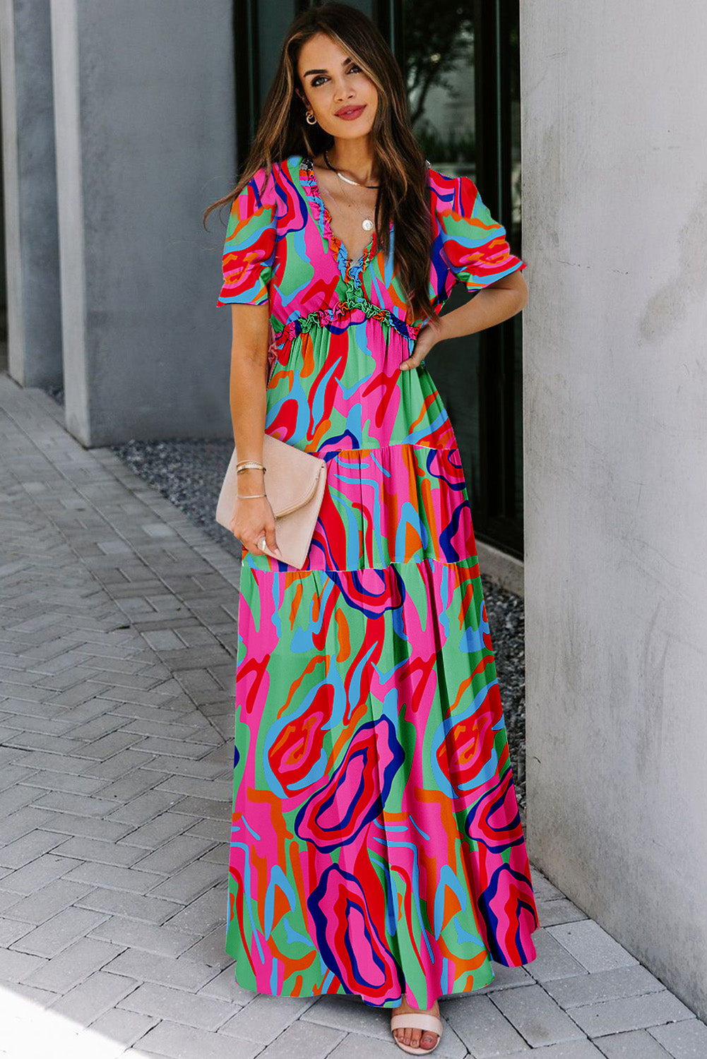 Multicolor Fiery Floral Print Frilled V Neck Short Sleeve Maxi Dress