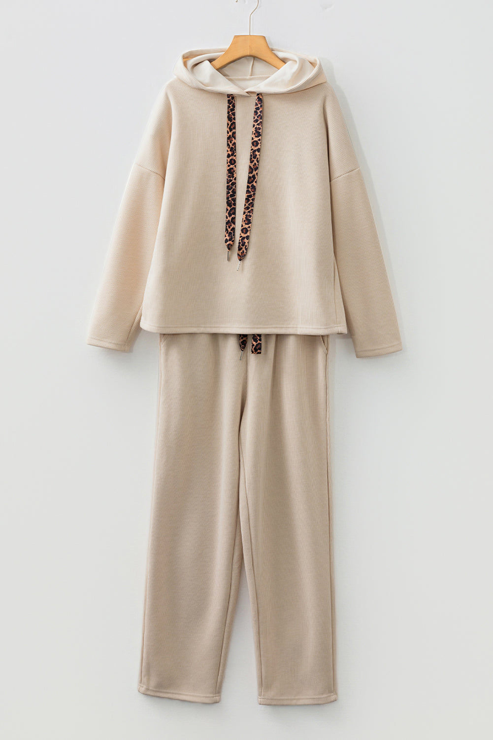 Lace Drawstring Pullover Hoodie and High Waist Pants Corduroy Suit