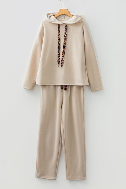 Lace Drawstring Pullover Hoodie and High Waist Pants Corduroy Suit