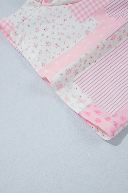 Patchwork Floral Print Drop Shoulder Baggy Pullover Drawstring Shorts Set