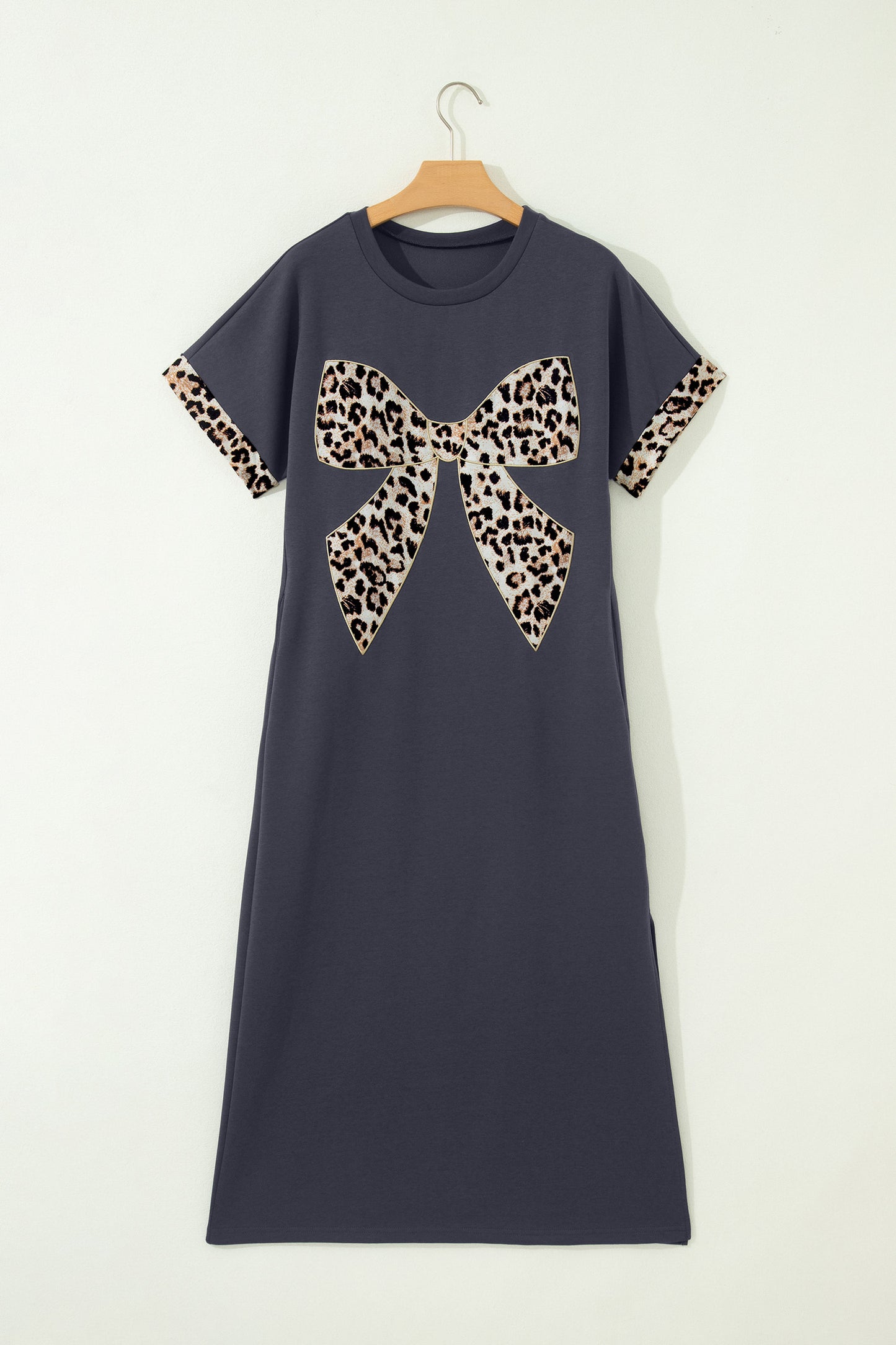 Contrast Leopard Bow Patched Short Sleeve T Shirt Long Dress