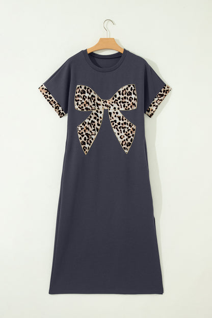 Contrast Leopard Bow Patched Short Sleeve T Shirt Long Dress