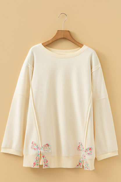 Beige Plus Size Raw Seam Detail Floral Bow Patched Baggy Pullover