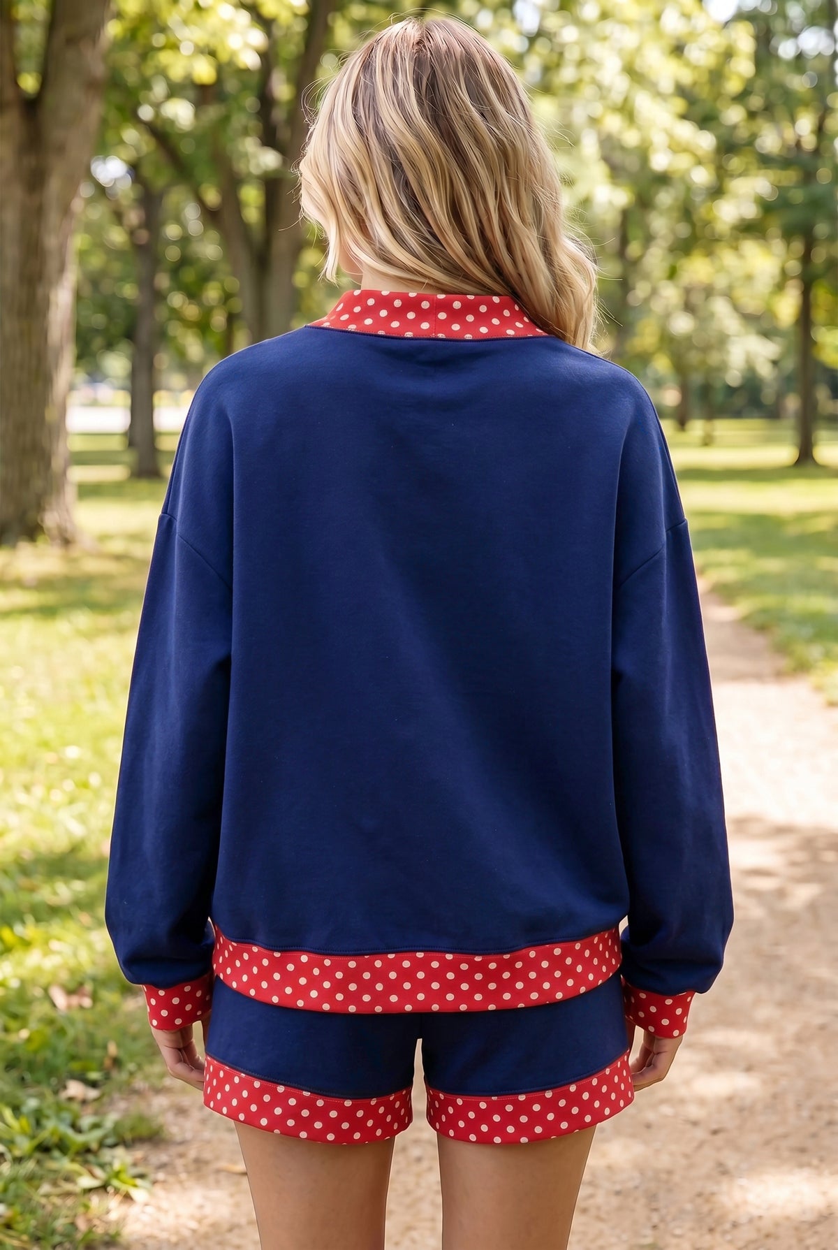 Polka Dot Trim Baggy Pullover 2pcs Short Set