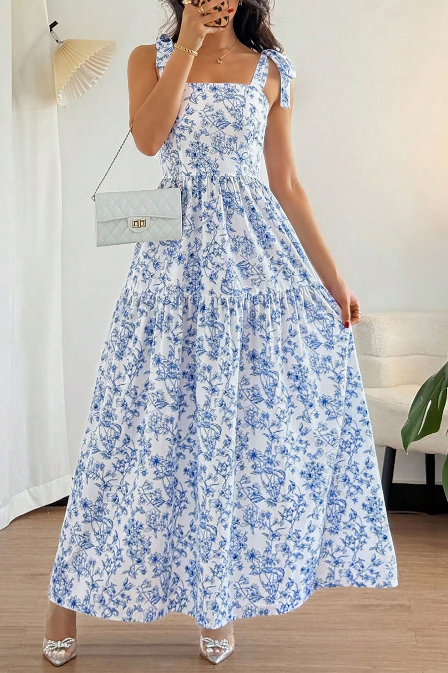 Floral Print Knot Straps High Waist Flared Maxi Dress