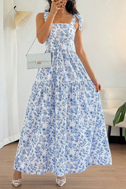 Floral Print Knot Straps High Waist Flared Maxi Dress