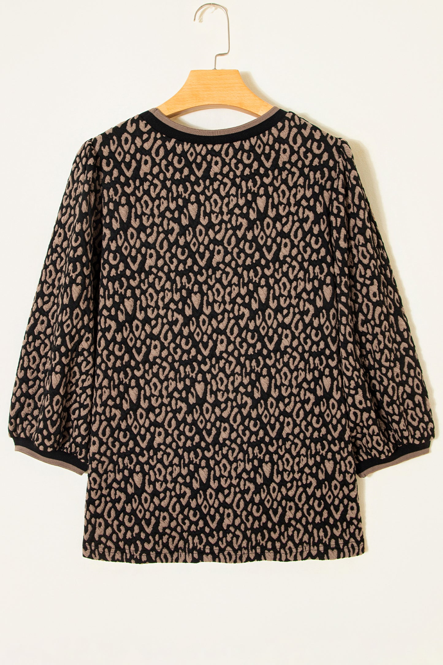 Black Leopard Print Puffy Bracelet Sleeve Contrast Trim Round Neck Top