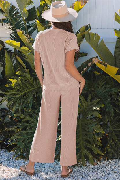 Blue Solid Corded Knit Short Sleeve T Shirt and Wide Leg Pants Set