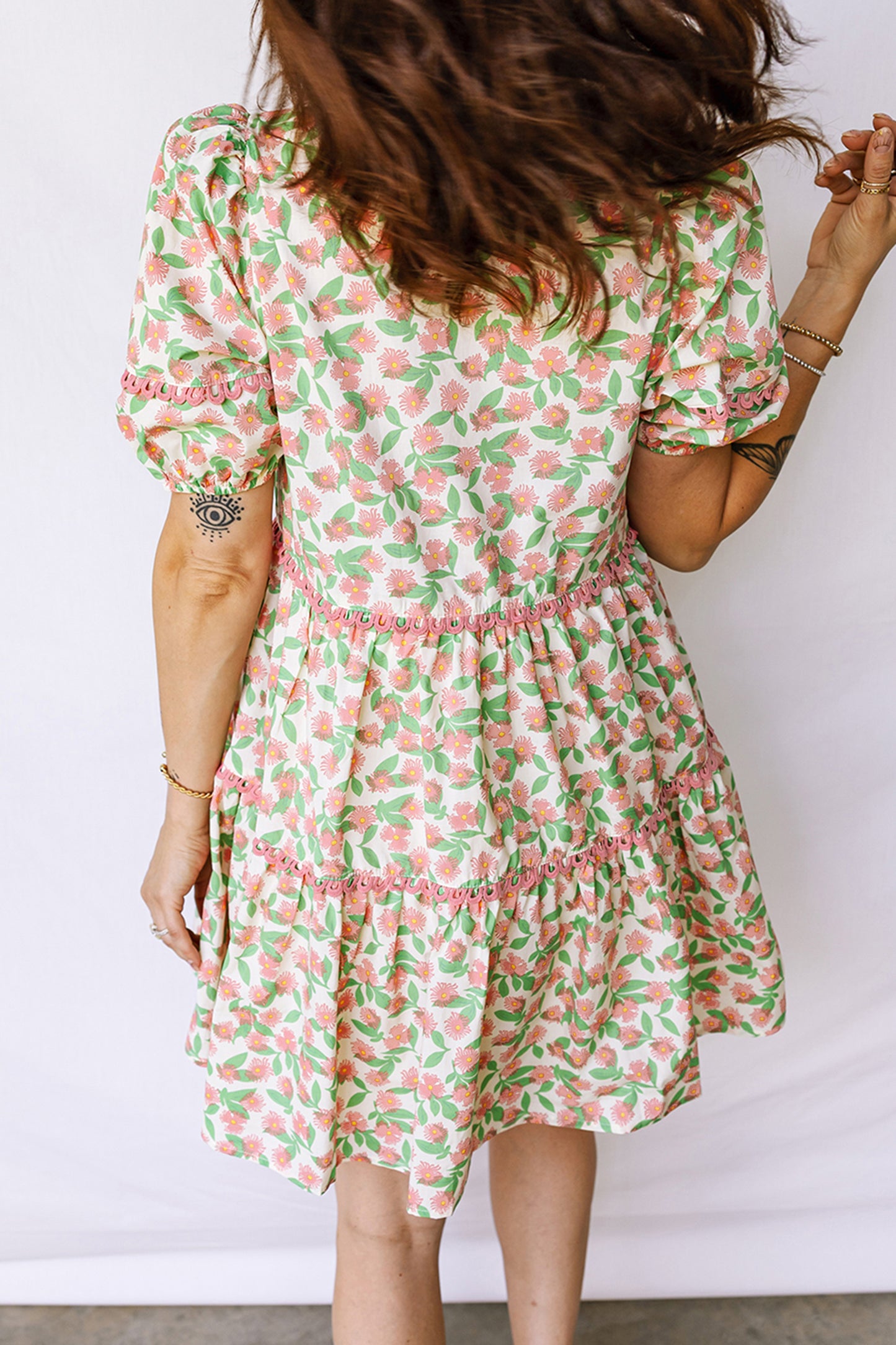 Green Contrast Neckline Ricrac Trim Floral Short Puff Sleeve Dress