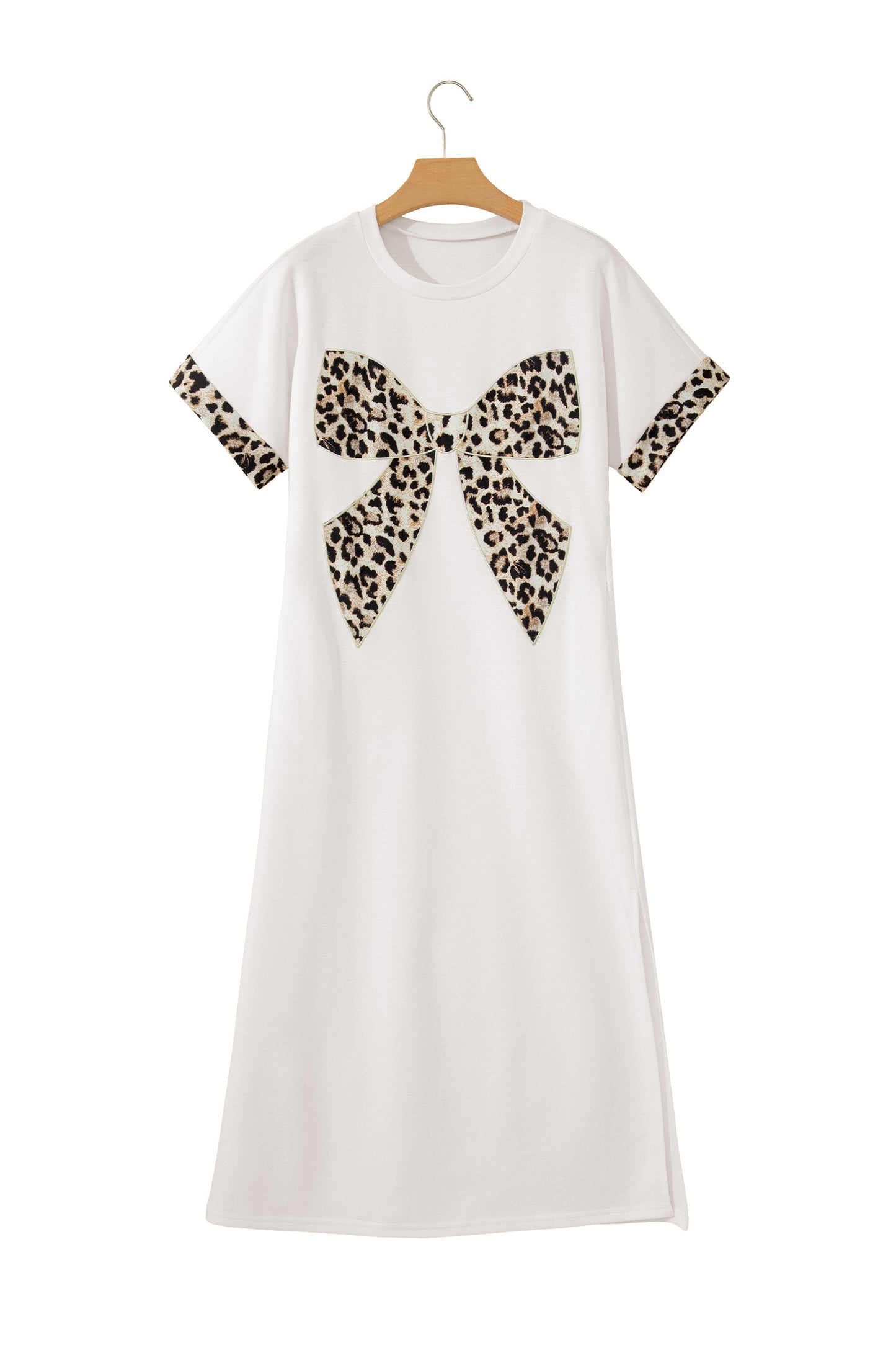 Contrast Leopard Bow Patched Short Sleeve T Shirt Long Dress