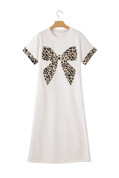 Contrast Leopard Bow Patched Short Sleeve T Shirt Long Dress