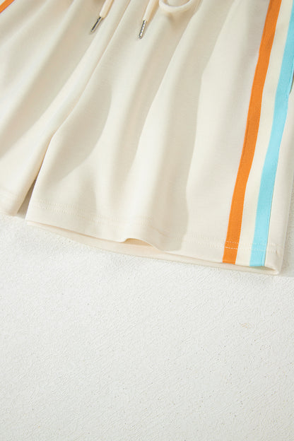 Apricot Colorful Striped Detail Half Zip Polo Tee Loose Shorts Set