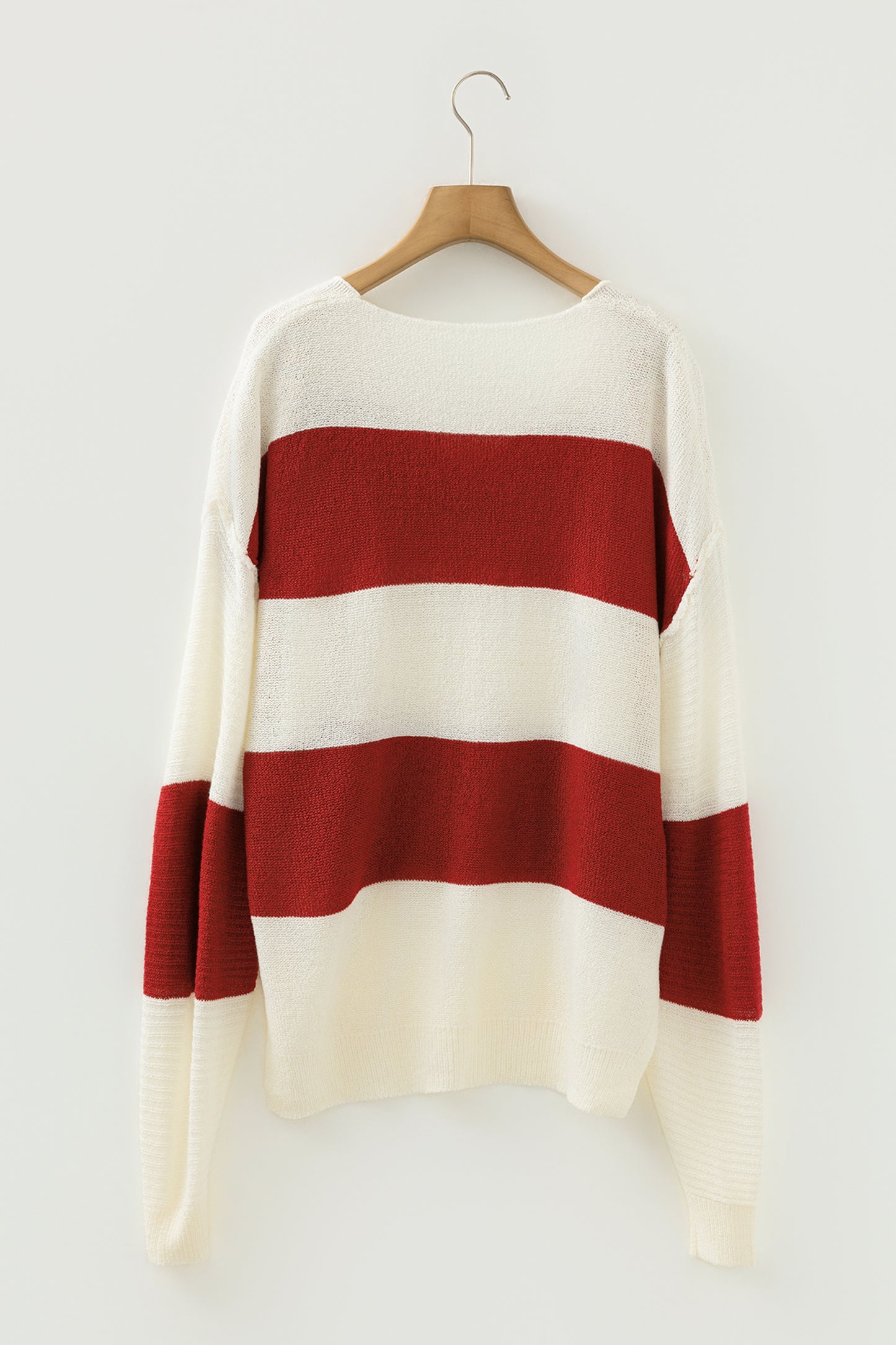 Green Stripe Loose Color Block Drop Shoulder Bubble Sleeve Sweater