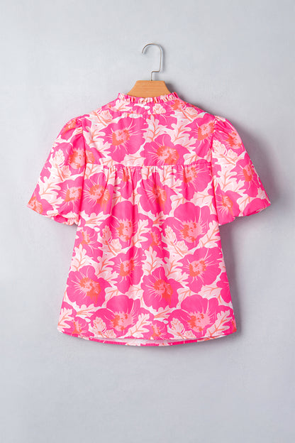 Short Bubble Sleeve Summer Floral Blouse