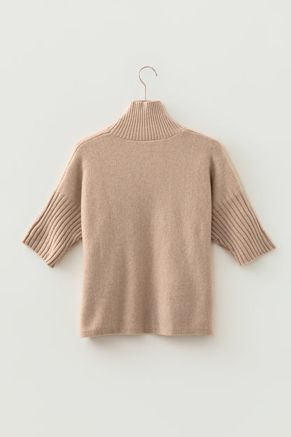 Beige High Neck Short Sleeve Solid Shift Sweater Regular Wash Casual Daily Wear