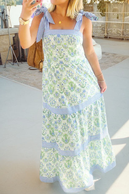 Geometric Floral Print Striped Patchwork Detail Sleeveless Dress