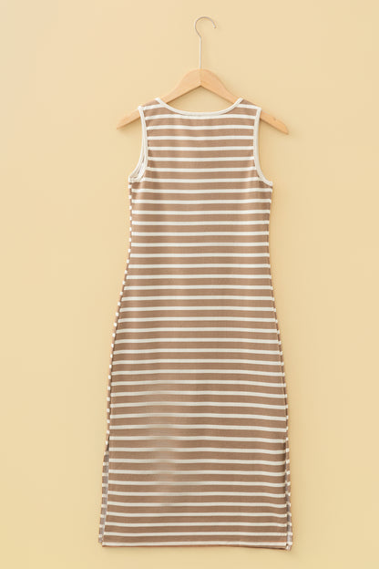 Sky Blue Stripe Tie V Neck Sleeveless Side Slit Midi Dress