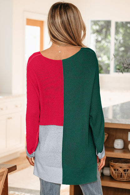 Chestnut Color Block Knit V Neck Loose Sweater