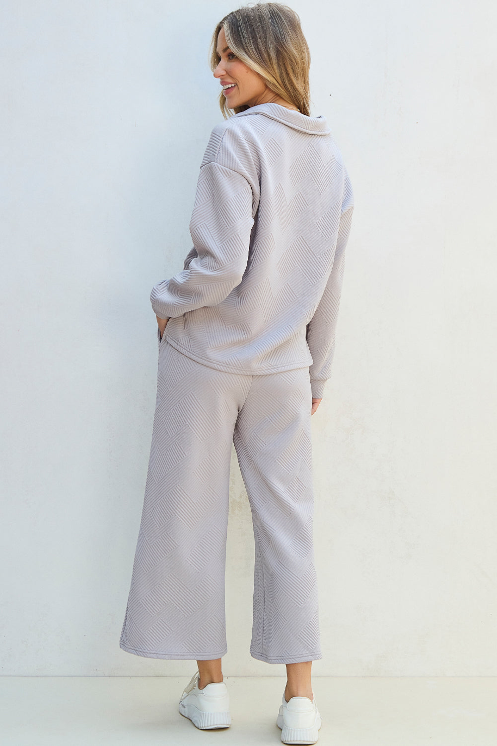 Solid Textured Collared V Neck Top and Wide Leg Pants Set