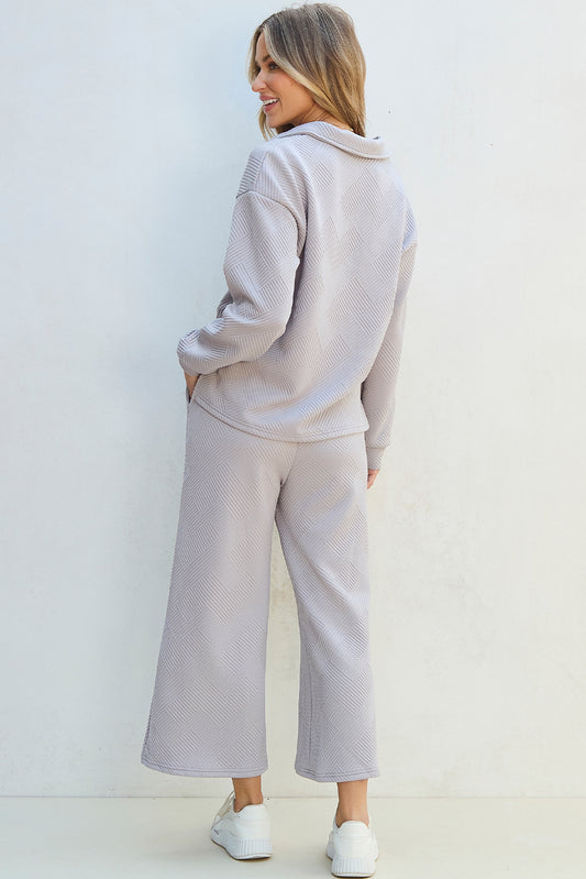Solid Textured Collared V Neck Top and Wide Leg Pants Set