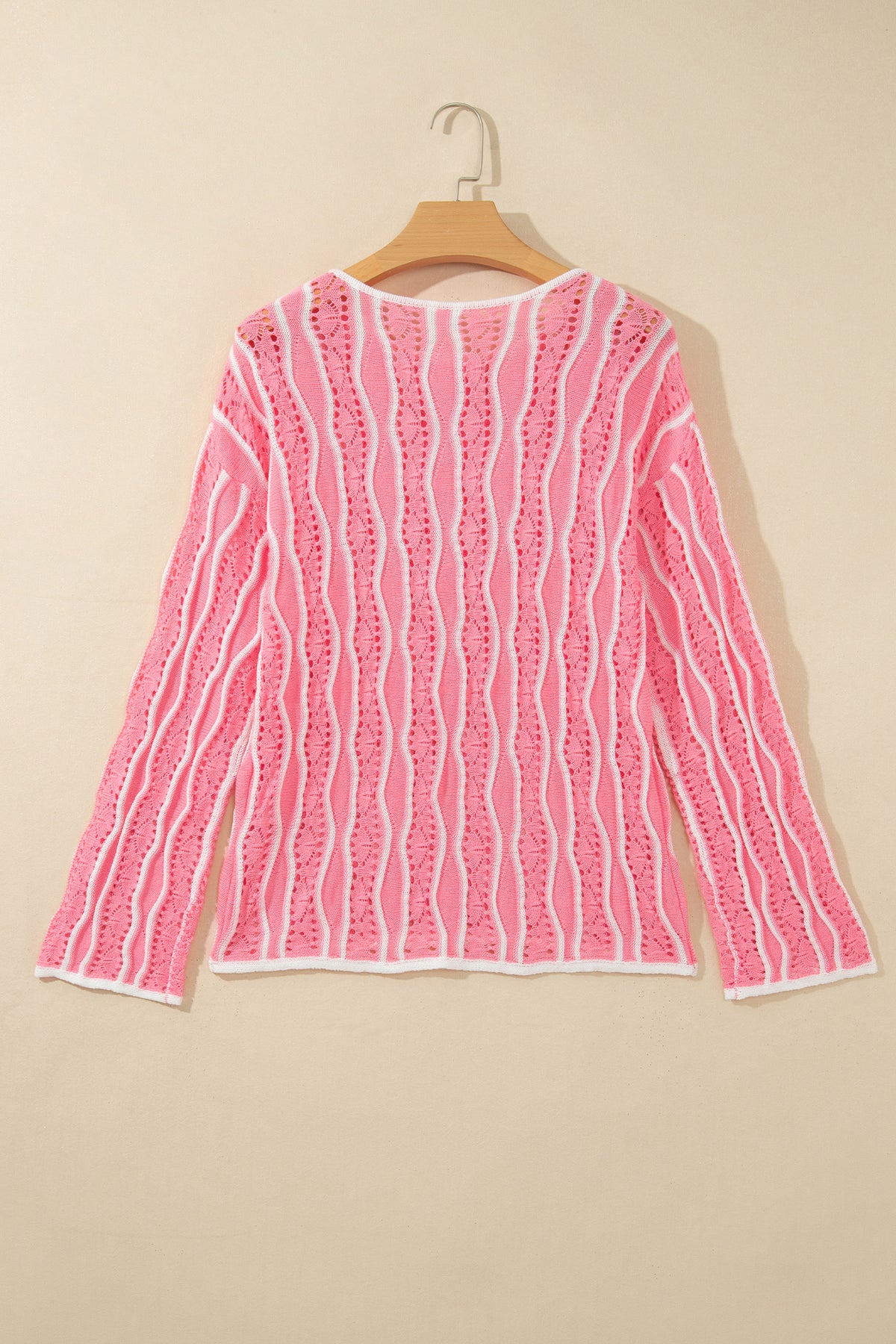 Wavy Detail Hollow Out Knit Long Sleeve Cotton Pullover Sweater