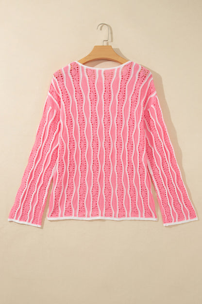 Wavy Detail Hollow Out Knit Long Sleeve Cotton Pullover Sweater
