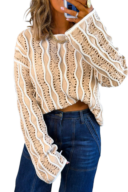Wavy Detail Hollow Out Knit Long Sleeve Cotton Pullover Sweater
