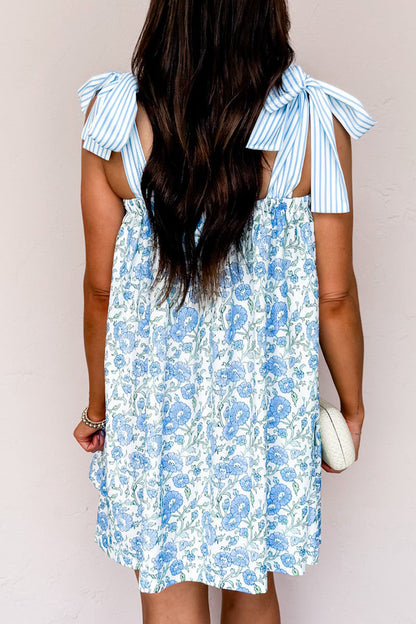 Sky Blue Floral Print Striped Patchwork Bow Knot Straps Mini Dress