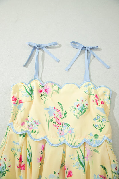 Floral Print Contrast Trim Self-tie Straps High Waist Midi Dress