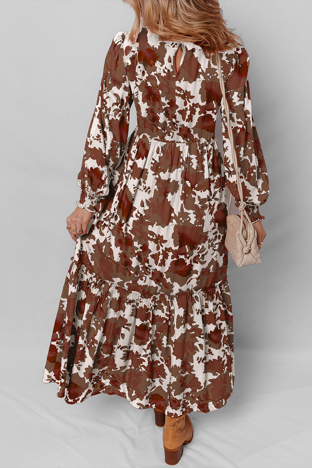 Floral Puff Sleeve Smocked Bodice Ruffled Long Dress