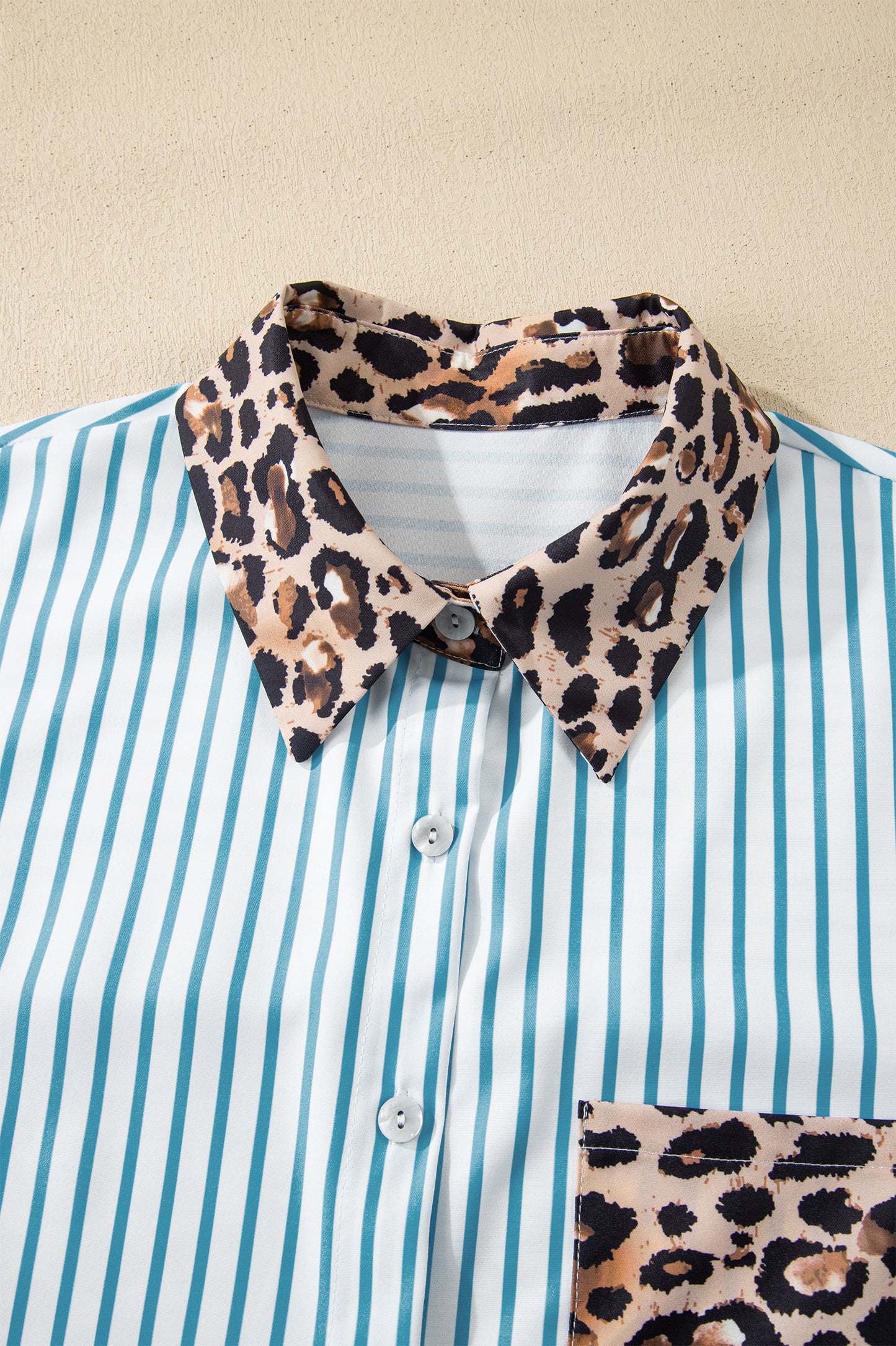 Brown Stripe Contrast Leopard Patchwork Long Shirt Dress with Slits