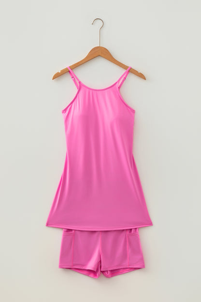 Solid Color Tunic Tank Dress Athletic Shorts Two Piece Set