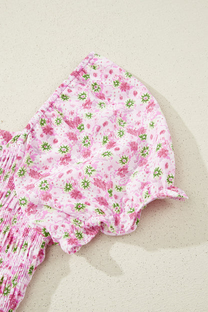 Floral Short Bubble Sleeve Shirred High Waist Maxi Dress