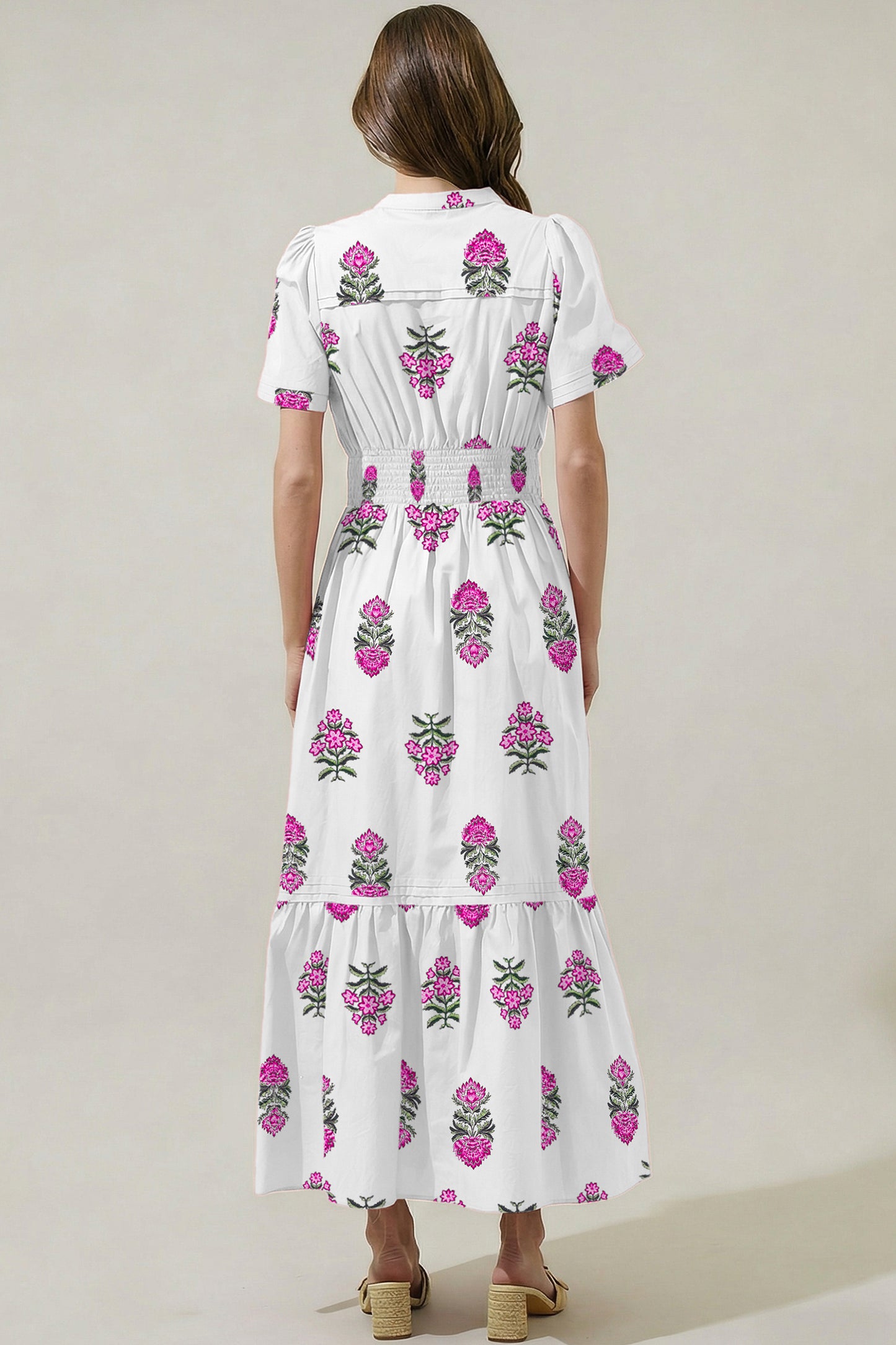Floral Print Split Neck Shirred High Waist Ruffle Hem Maxi Dress