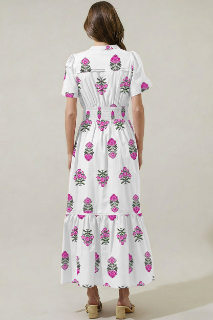 Floral Print Split Neck Shirred High Waist Ruffle Hem Maxi Dress