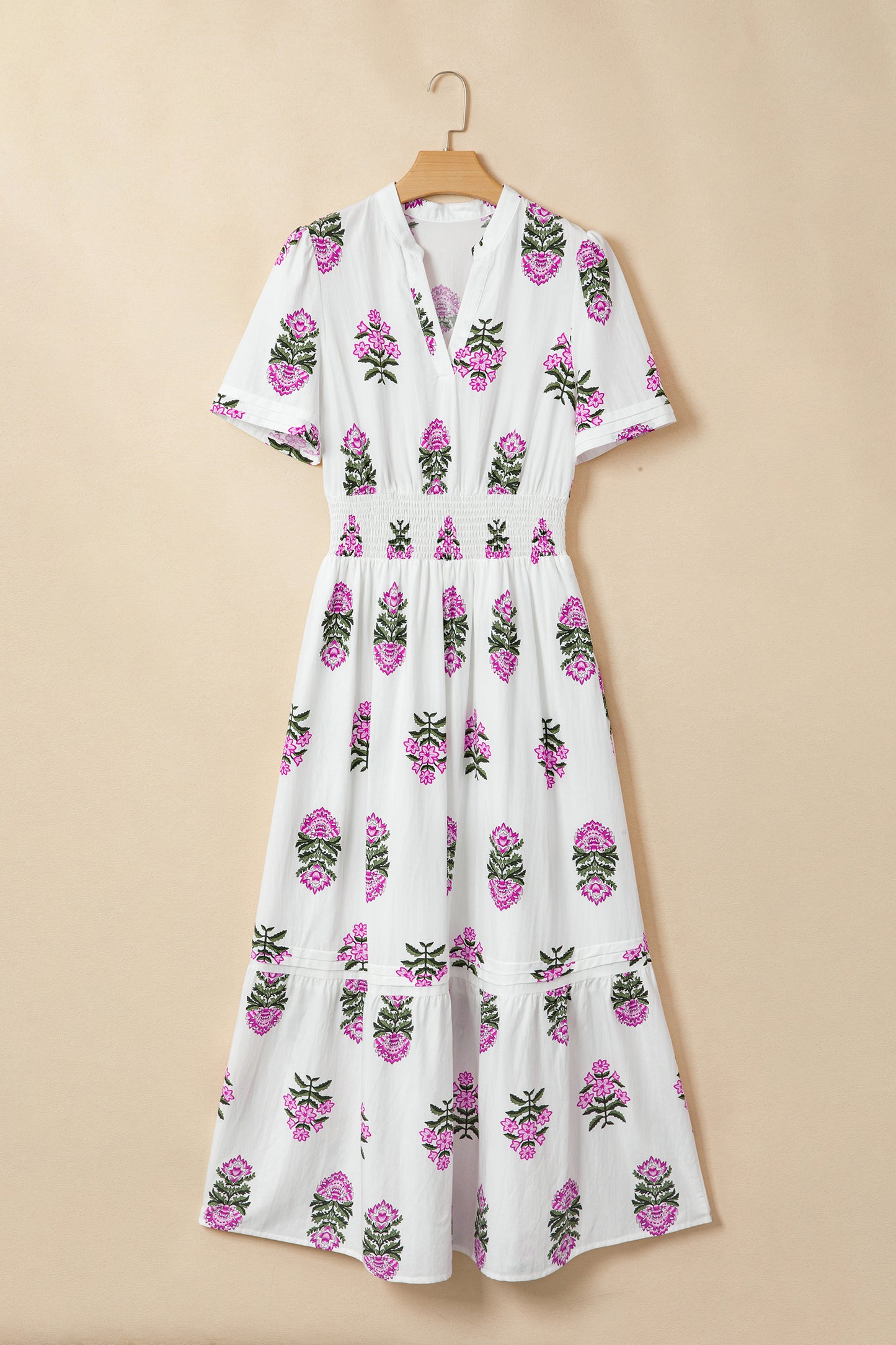 Floral Print Split Neck Shirred High Waist Ruffle Hem Maxi Dress