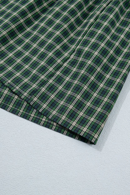 Green Plaid Square Neck Shirred High Waist Ruffle Hem Dress