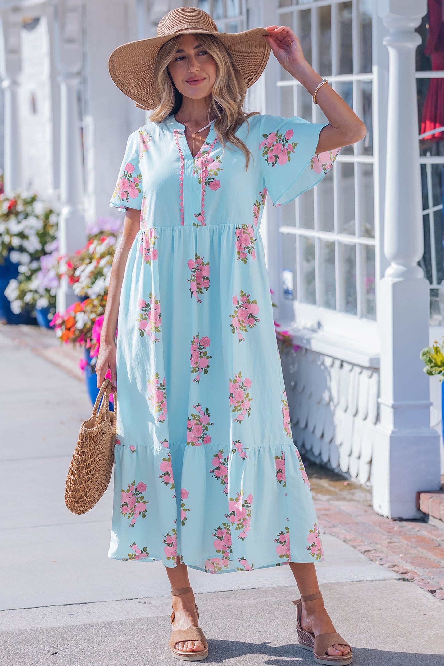 Notched Neck Flutter Short Sleeve Floral Print Maxi Dress