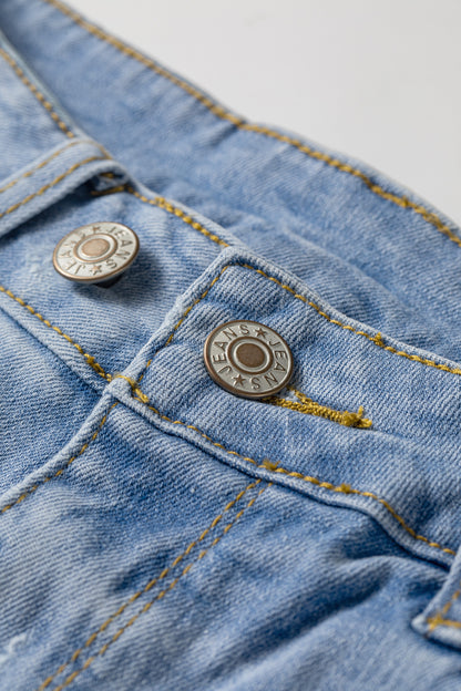 Beau Blue Asymmetric Raw Hem Distressed Whiskery Denim Shorts
