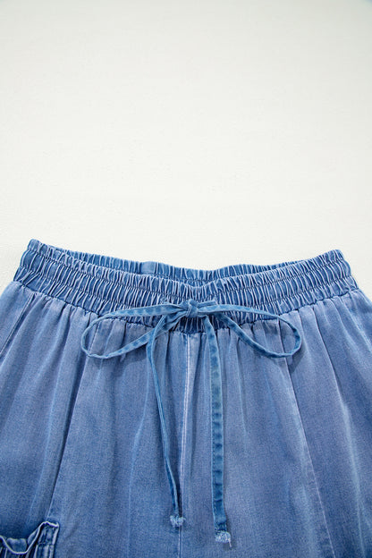 Beau Blue Drawstring Elastic Waist Pocketed Loose Denim Pants