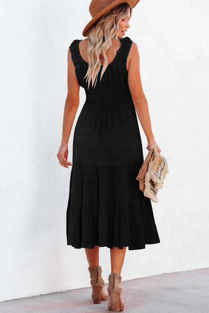 Shirred Pleated Square Neck Sleeveless Midi Dress