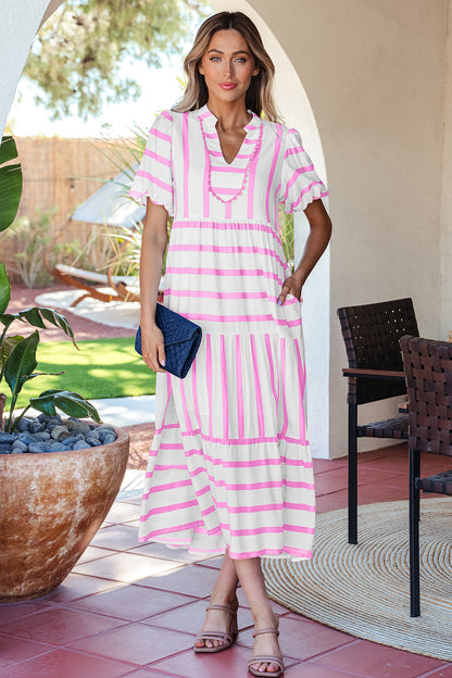 Stripe Ricrac Trim Notched Neck Half Sleeve Vacation Dress