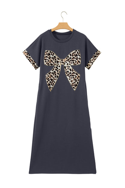 Contrast Leopard Bow Patched Short Sleeve T Shirt Long Dress