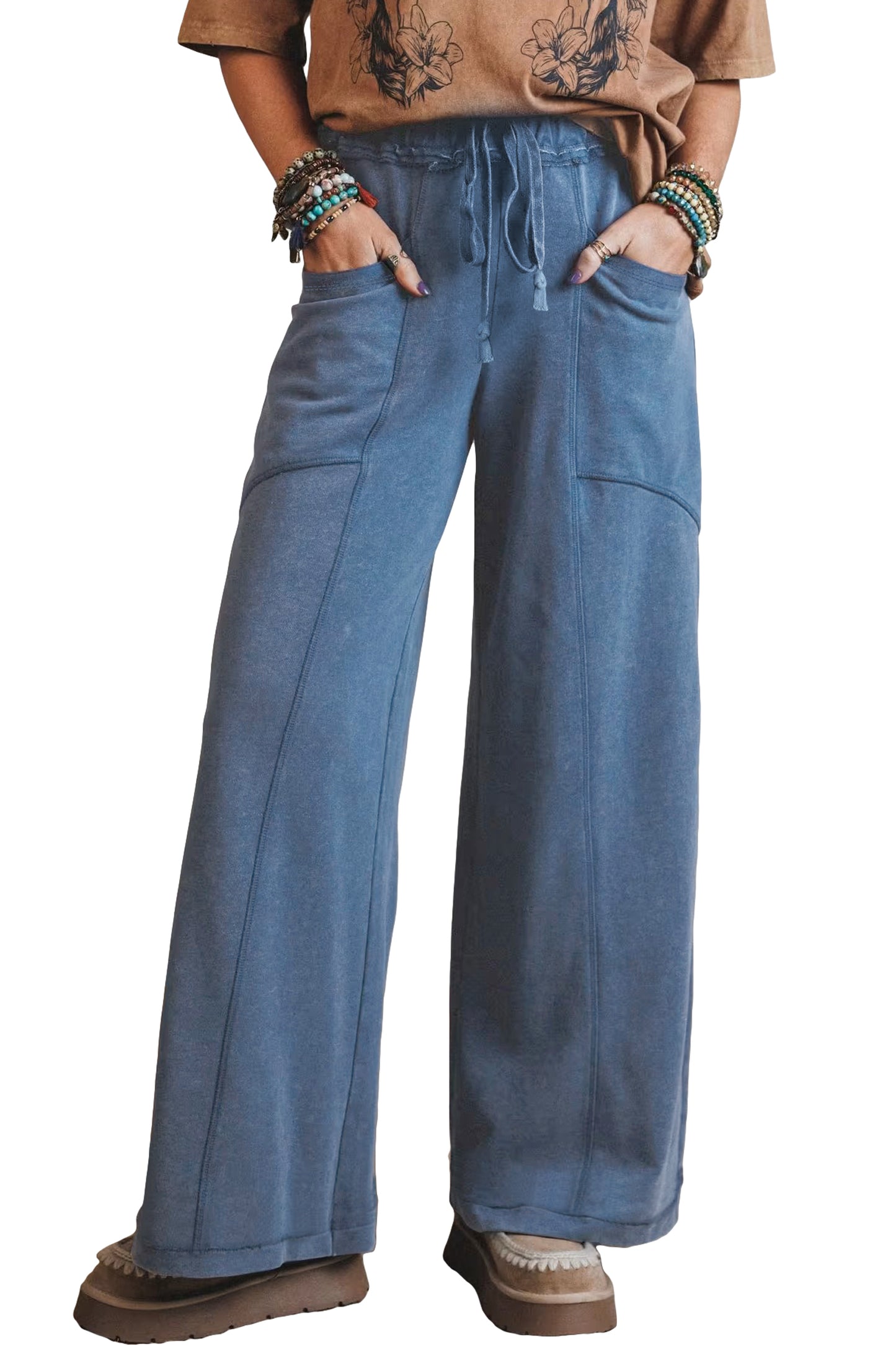 Mineral Wash Drawstring Retro High Waist Wide Leg Western Pants