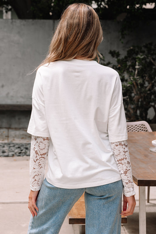 Lace Long Sleeve Insert Drop Shoulder Tee