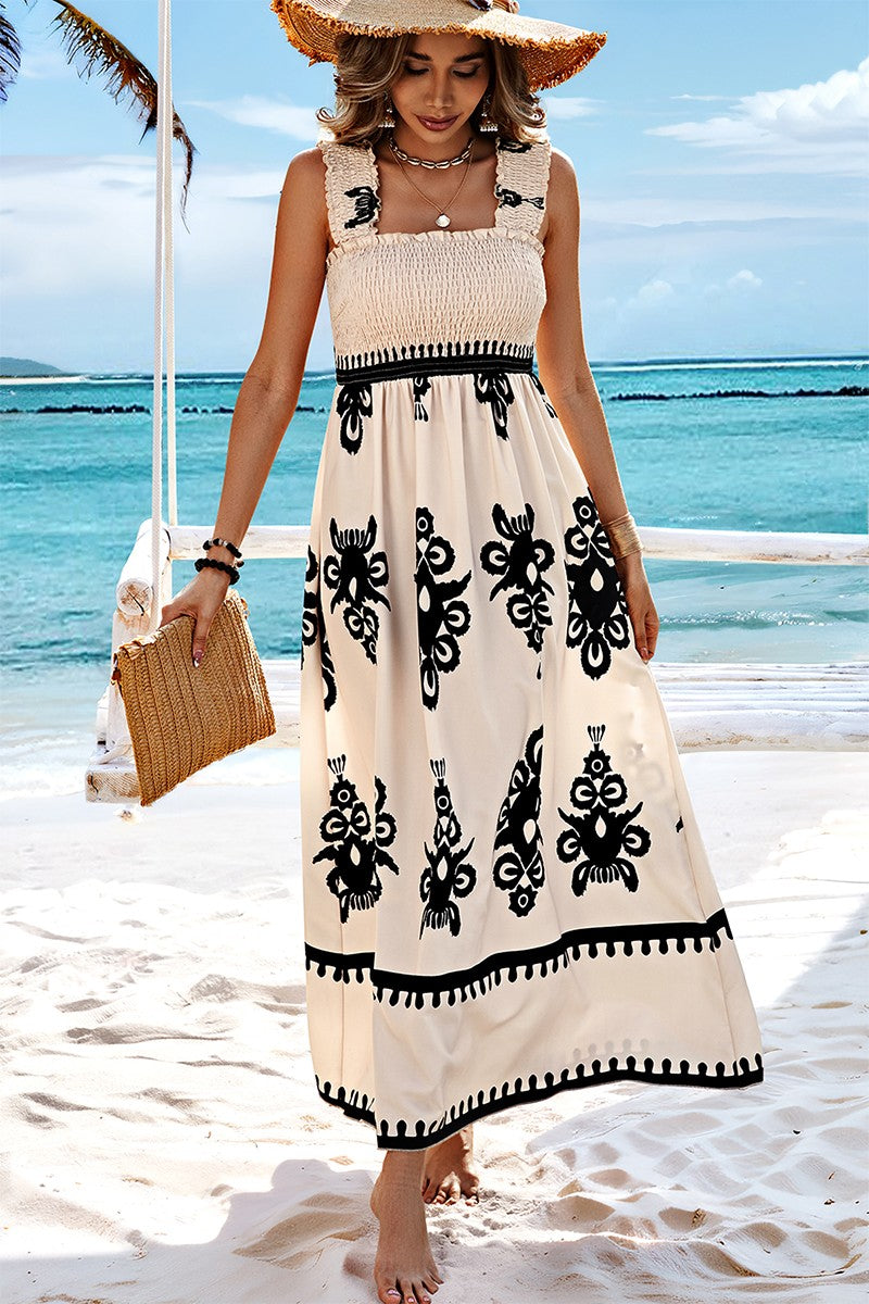 Ruched Square Neck Sleeveless High Waist Empire Dress