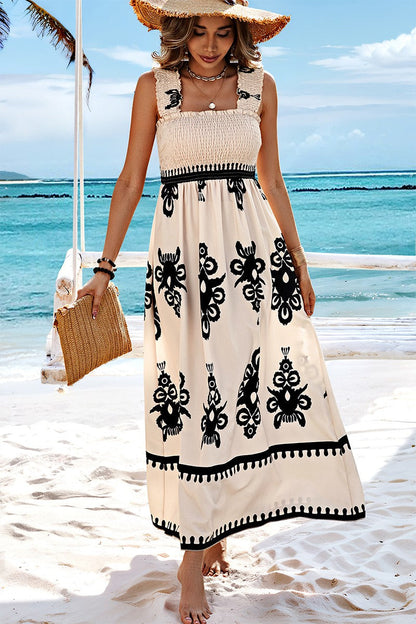 Ruched Square Neck Sleeveless High Waist Empire Dress